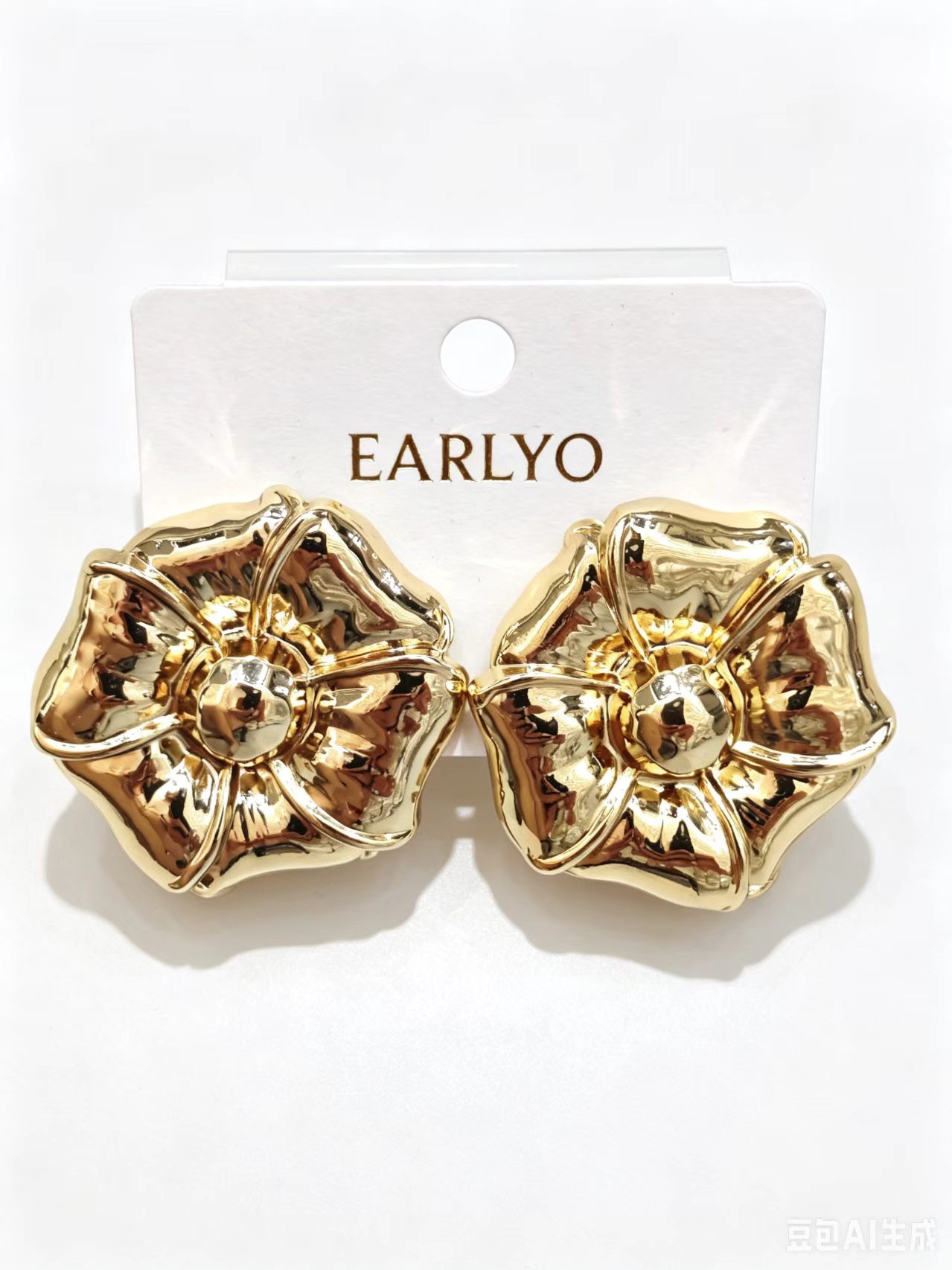 Five petal flower bloom polished gold earrings, elegant floral jewelry