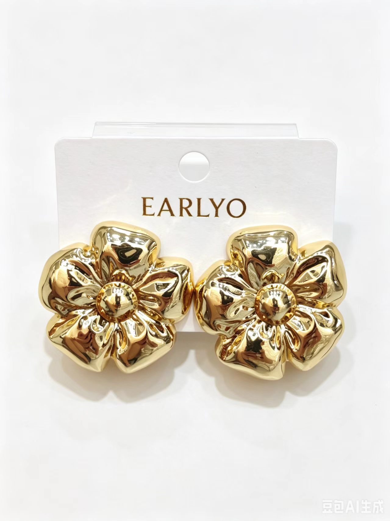Camellia flower shaped polished gold earrings, classic floral design