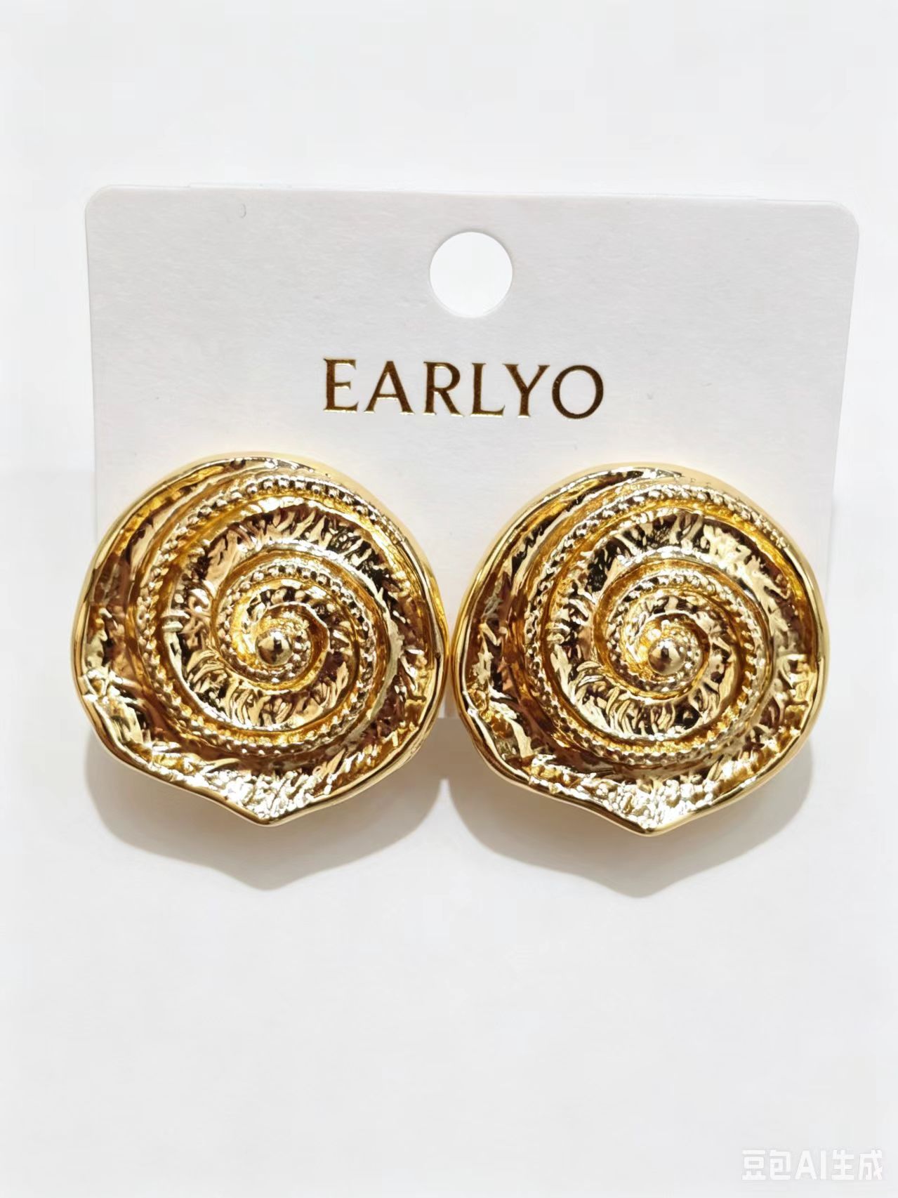Round spiral conch shell pattern textured disc gold earrings, boho style
